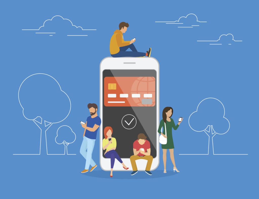 E-wallet concept. Illustration of young people using mobile smartphone for online purchasing via ewallet. UPI
Credit line