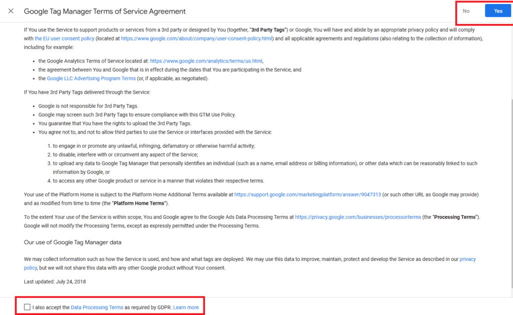 google tag manager terms of service agreement, wonkrew
