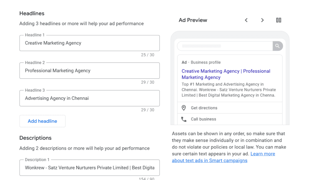 Add Headlines and Descriptions, wonkrew